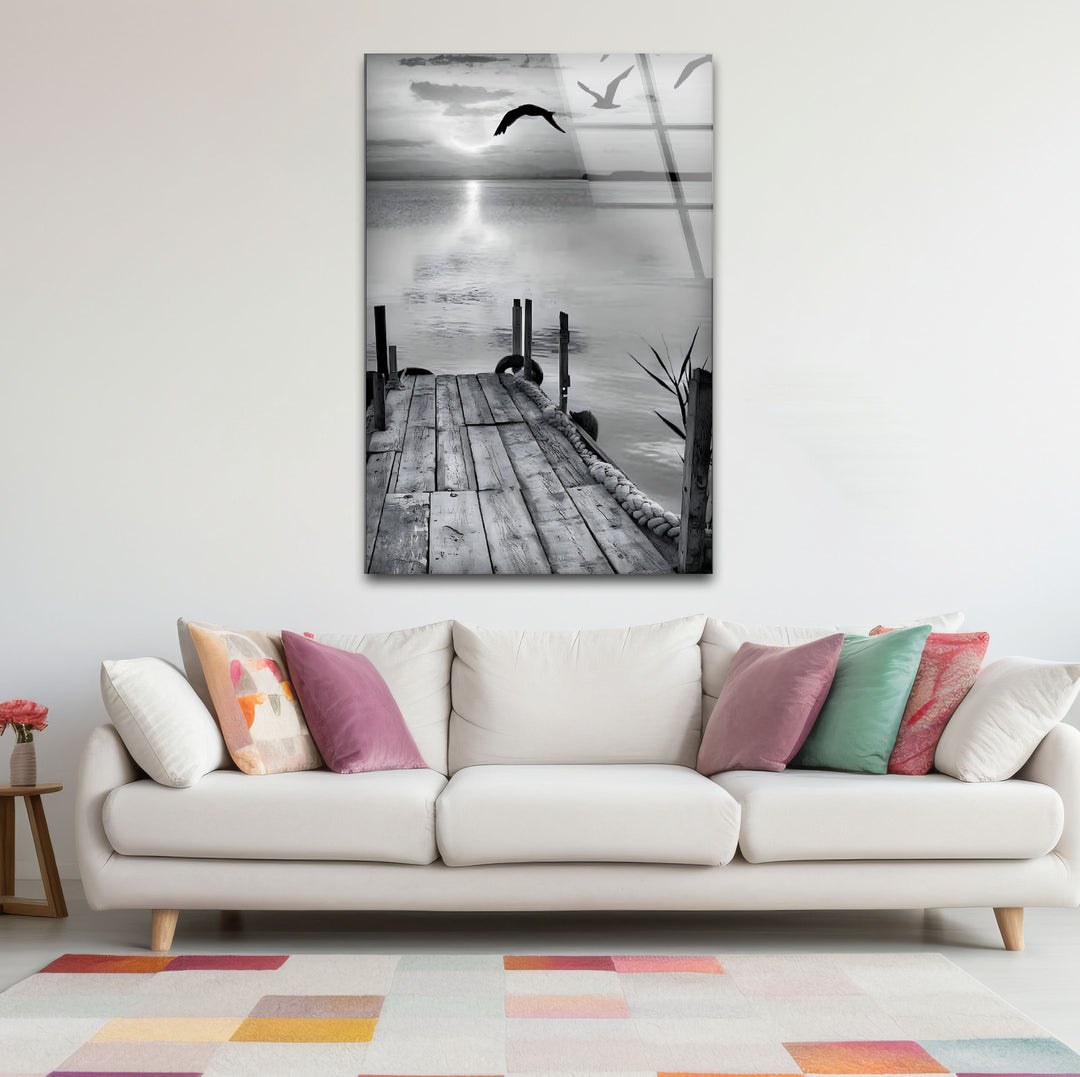 Captivating black and white artwork of a dock surrounded by a calm and quiet atmosphere.