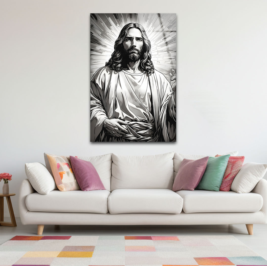 Bold black and white framed art of Jesus Christ, emphasizing His divine presence and artistic elegance.