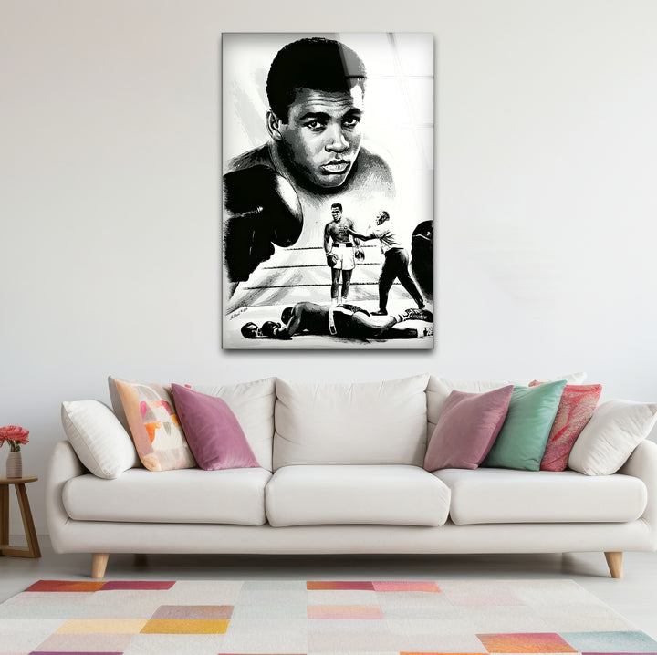 Bold black and white framed art of Muhammad Ali, blending artistic elegance with his legendary persona.