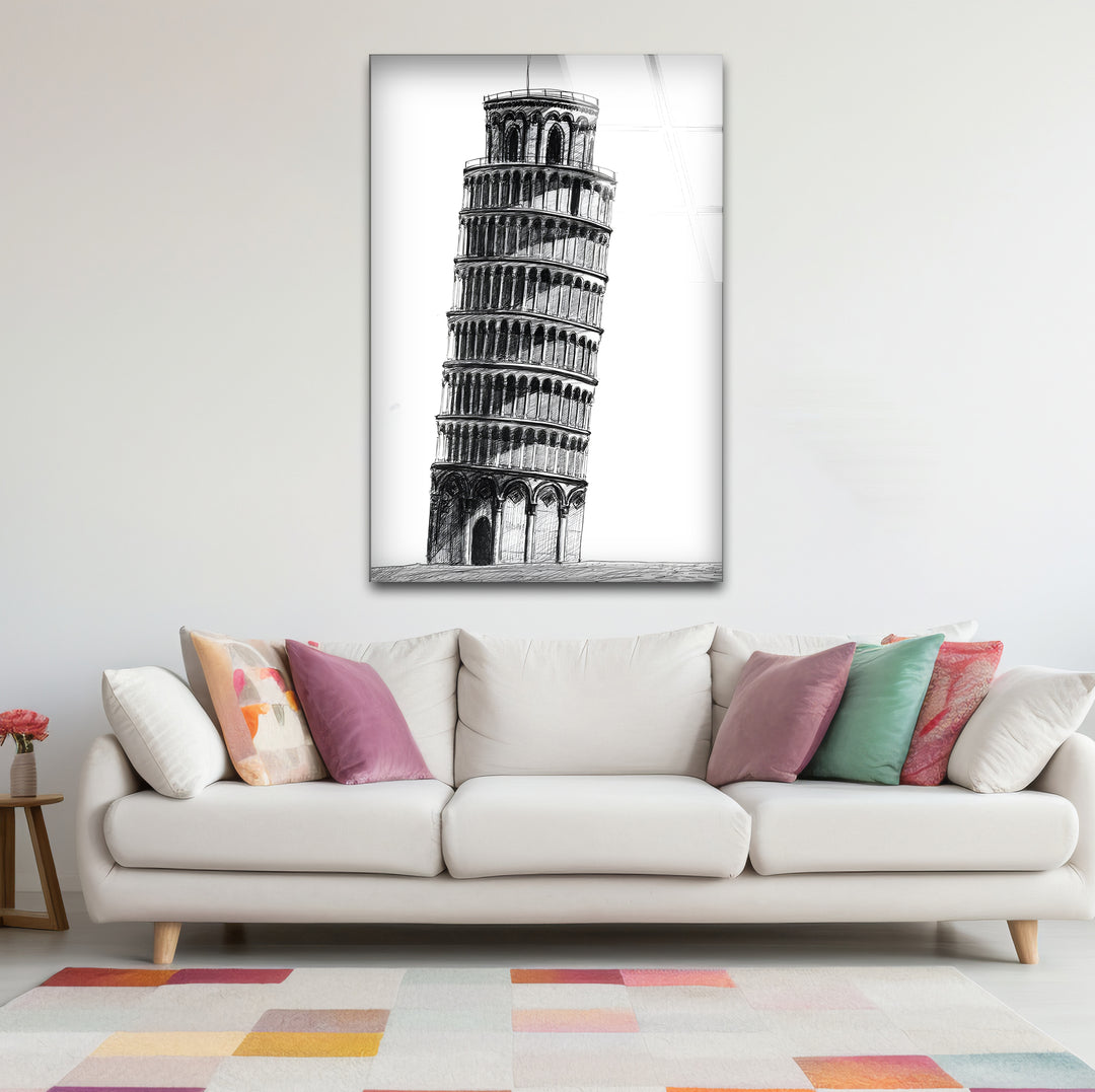 Artistic black and white abstract art portraying the Pisa Tower with bold lines and textures.