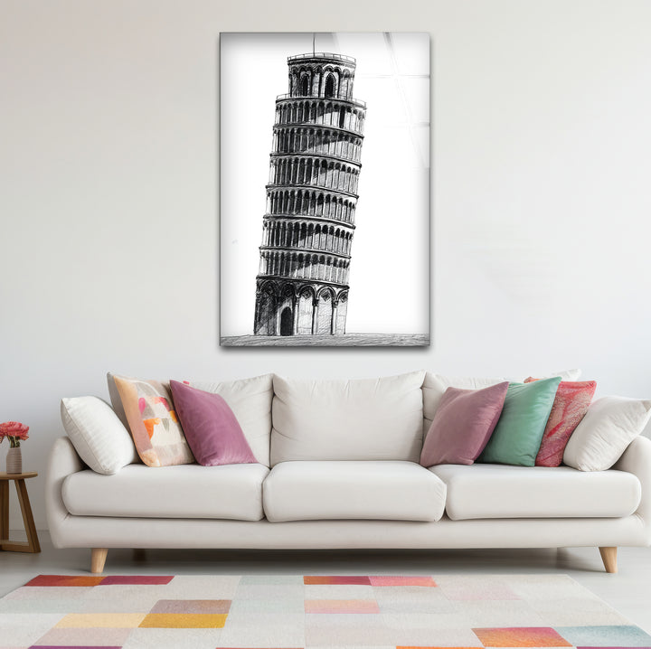 Artistic black and white abstract art portraying the Pisa Tower with bold lines and textures.