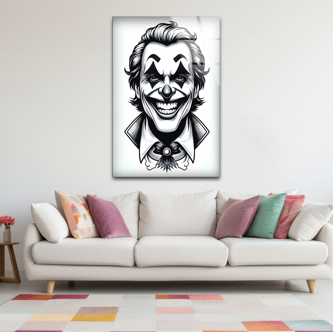 Bold black and white framed art of the Joker, combining realism with a contemporary edge.