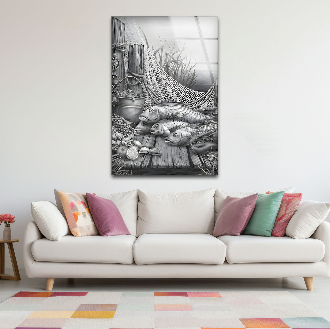 Unique black and white framed art showcasing the beauty of abstract fish patterns.