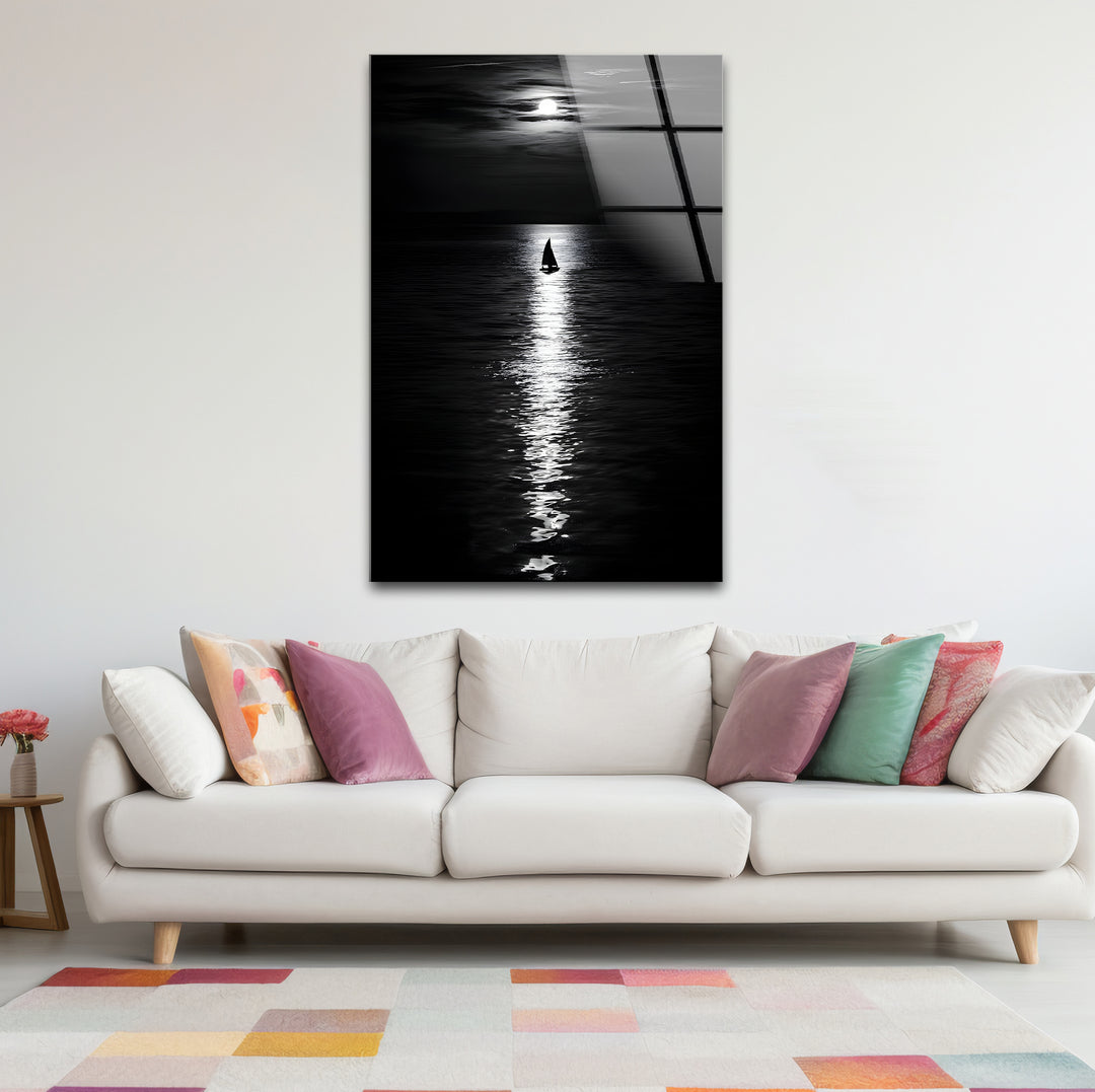 Chic black and white wall art of a moonlit scene, ideal for adding sophistication to modern interiors.