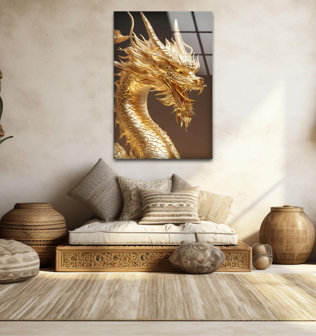 A stunning golden dragon, captured in intricate detail, printed on durable glass to add a mystical touch to your space.
