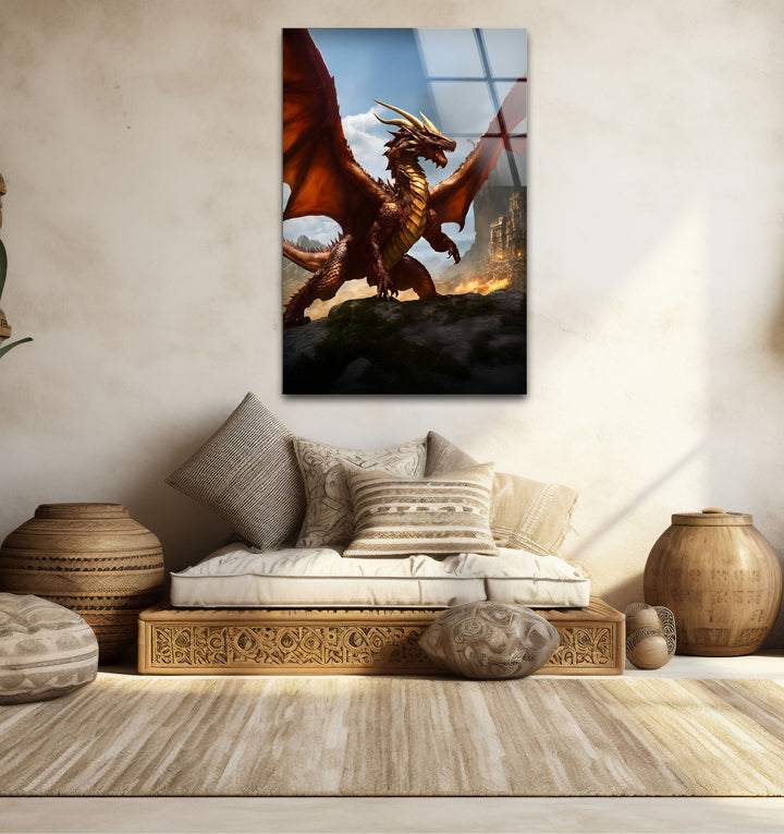 Red Dragon: A red dragon in the midst of a fiery scene, filling your room with mythical energy.
