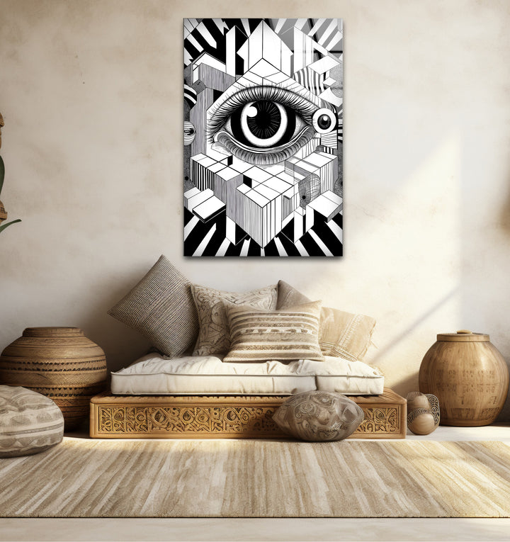 Timeless black and white paintings of a surrealist eye perfect for adding intrigue to any space
