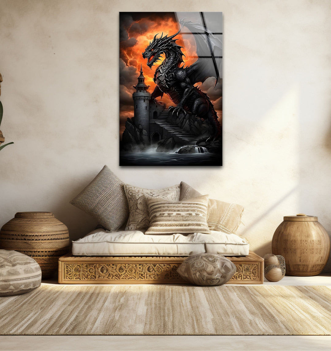 Dark Dragon: A dramatic dragon on the climb, surrounded by flames and fury.
