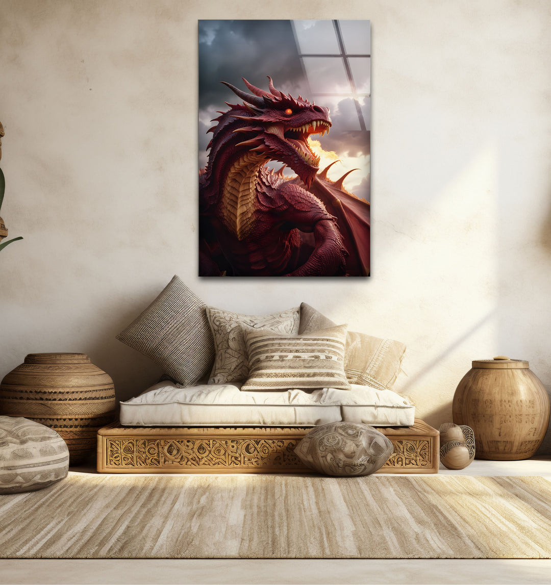 Bring the mythical energy of a red dragon to life with this stunning, detailed glass wall art.
