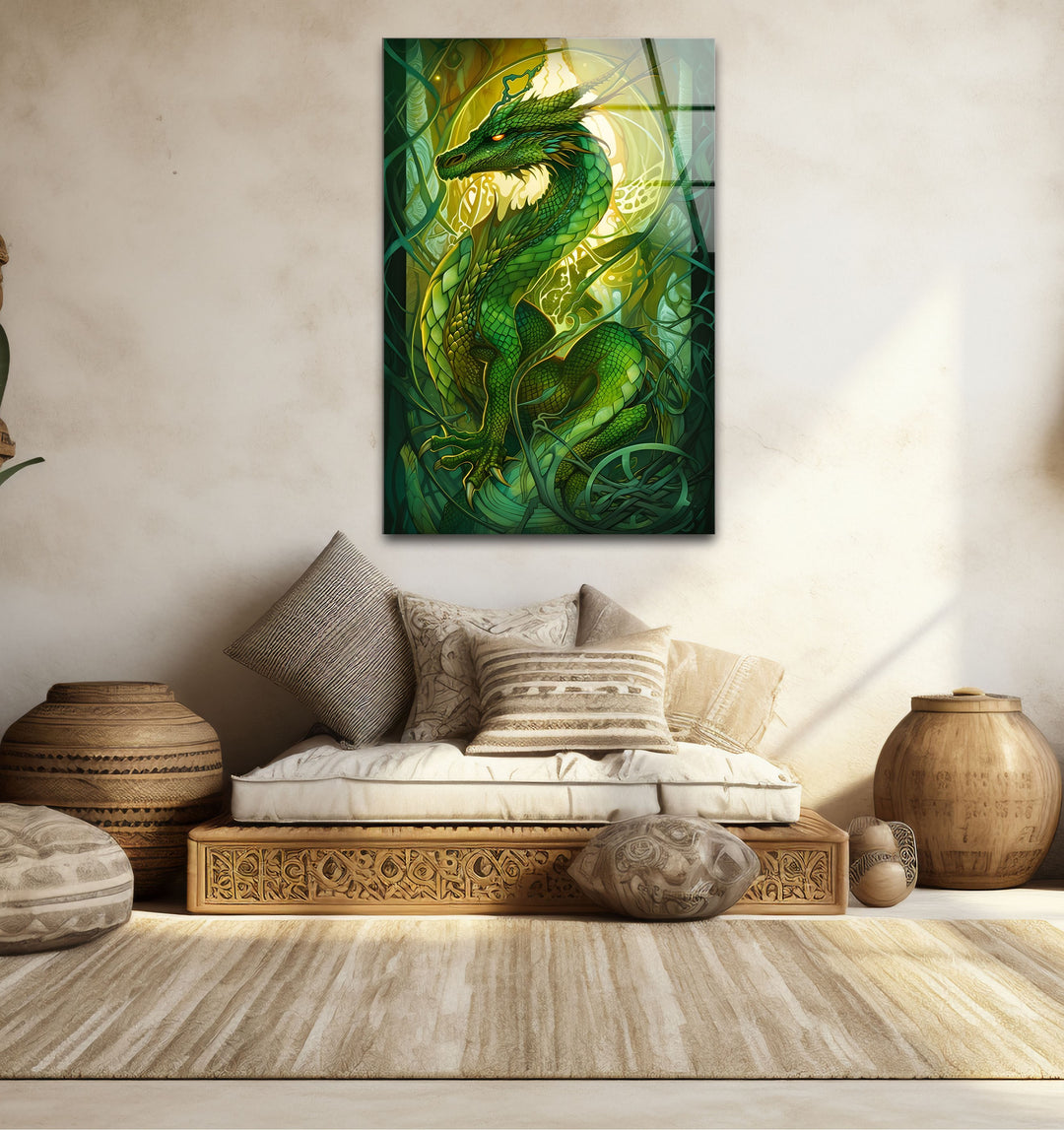 Green Dragon: A dragon bathed in green hues, coiled with vines, perfect for nature-inspired home decor.
