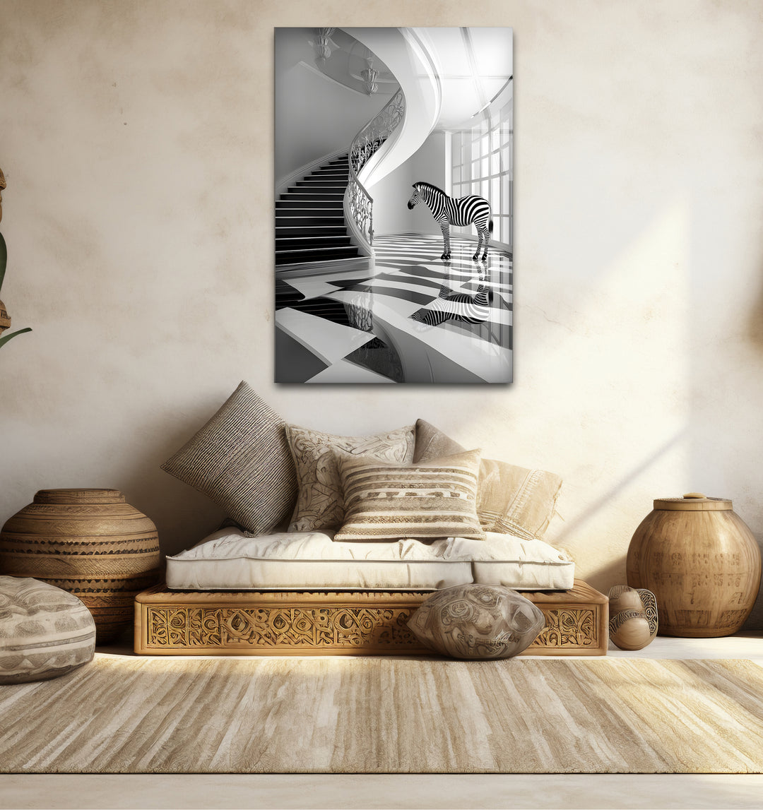 Chic black and white wall art of a zebra perfect for creating a striking focal point in modern interiors
