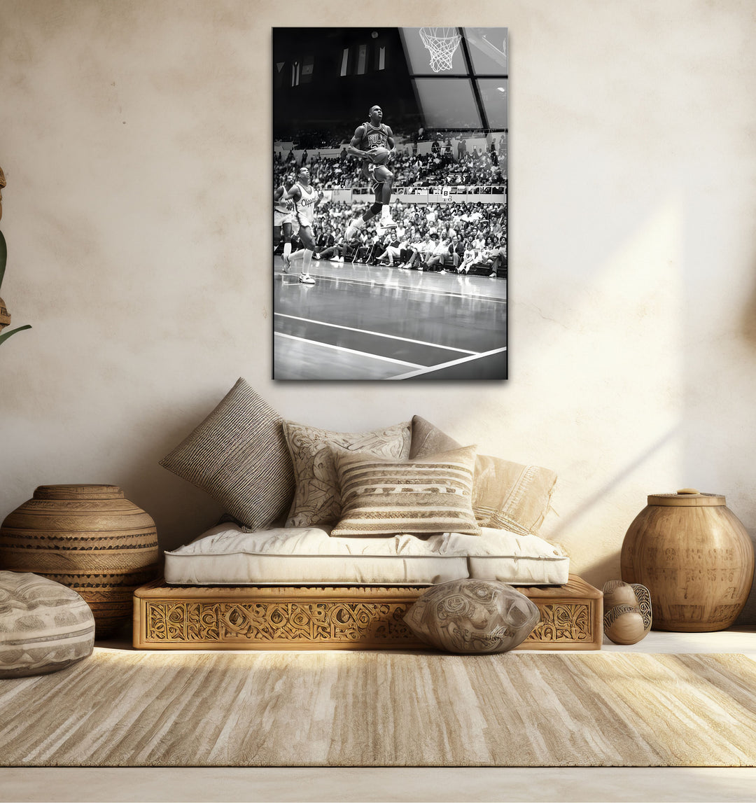 Bold black and white framed art showcasing Michael Jordan in a dramatic and powerful pose.