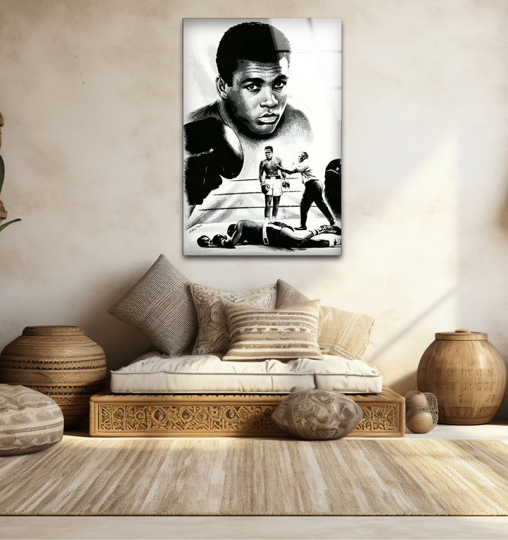 Unique black and white wall decor showcasing Muhammad Ali in a minimalist yet powerful composition.