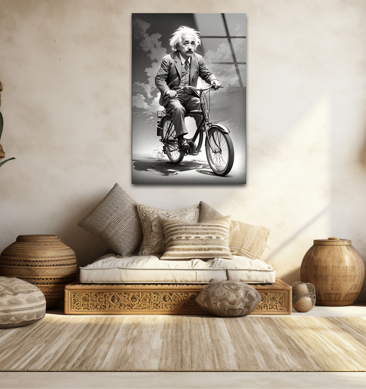 Chic black and white wall art featuring Albert Einstein on a bicycle, perfect for adding personality to your decor.