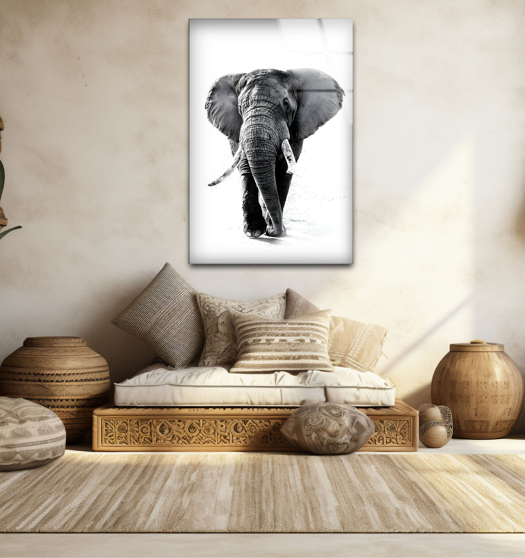 Chic black and white wall art of a majestic elephant, ideal for creating a sophisticated focal point.