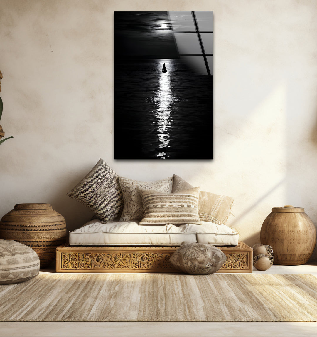 Refined black and white abstract drawings featuring the elegance of moonlight over a still horizon.