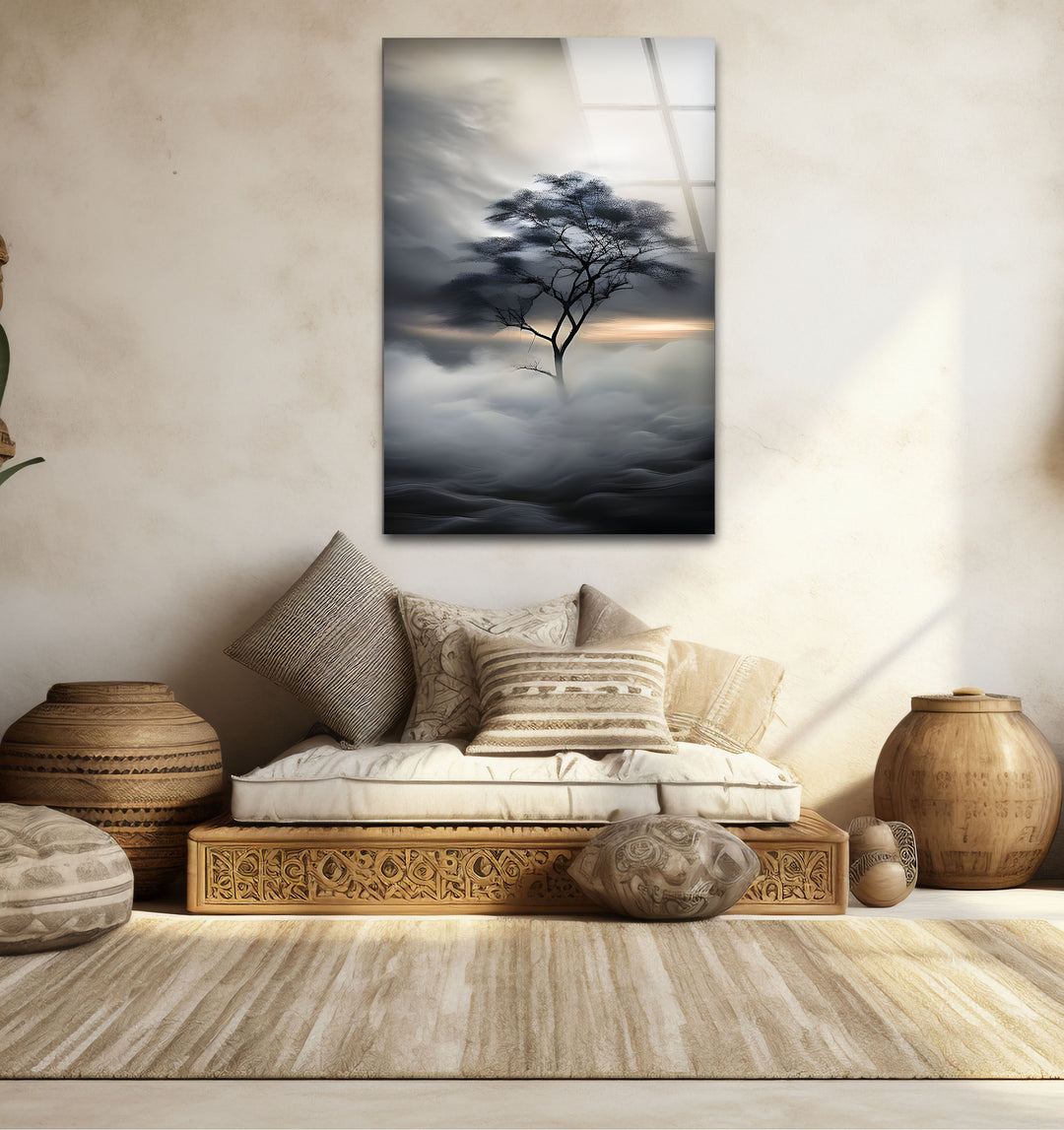 Chic black and white wall art of a solitary tree, ideal for adding a calming focal point to modern interiors.