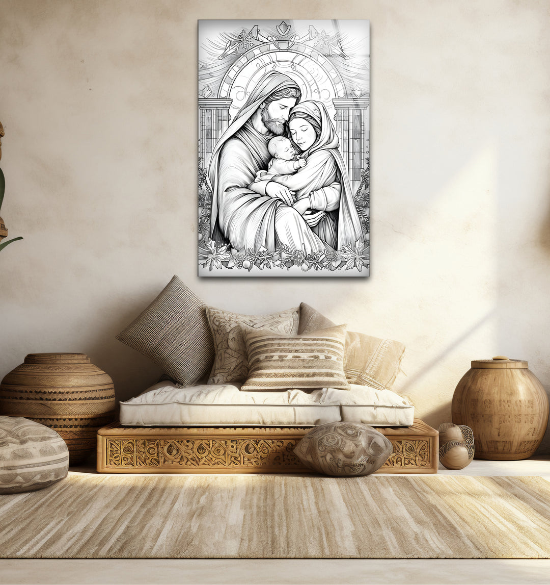 Bold black and white framed art of a Christmas scene, blending traditional charm with artistic elegance.