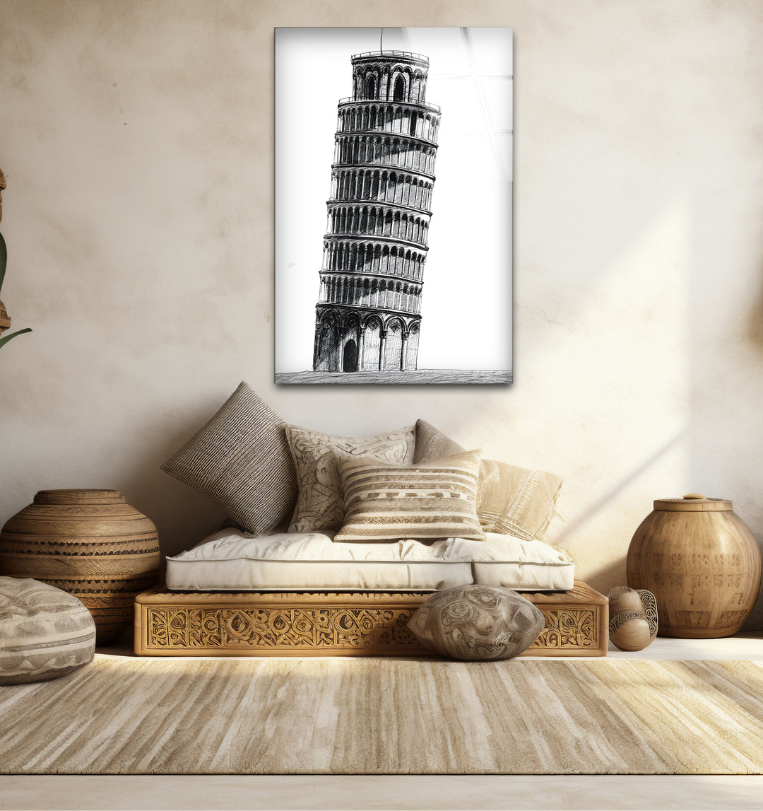 Stylish black and white framed art capturing the charm of the Leaning Tower of Pisa in a minimalist design.