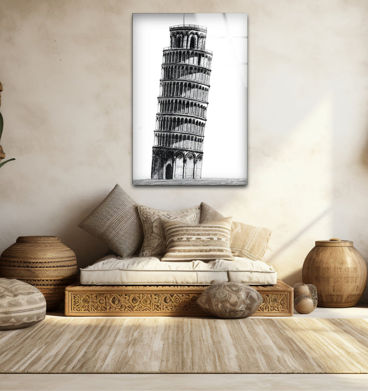 Stylish black and white framed art capturing the charm of the Leaning Tower of Pisa in a minimalist design.