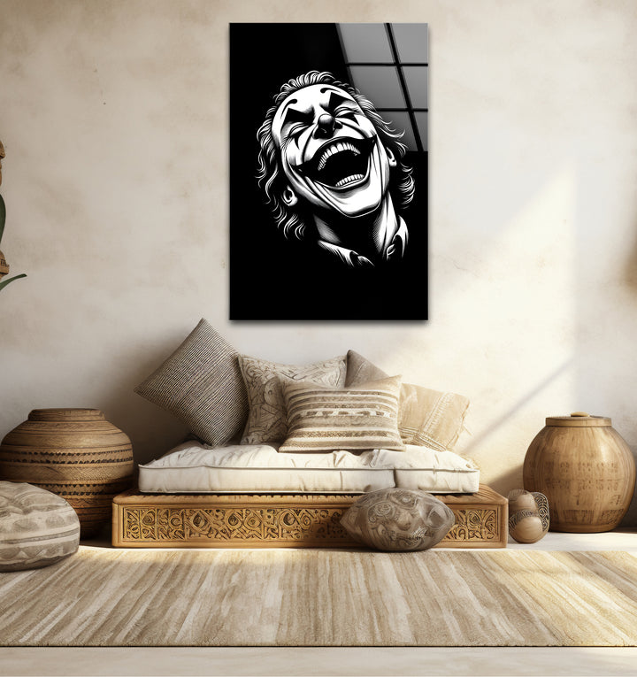 Chic black and white wall art of the Joker laughing perfect for creating a bold focal point
