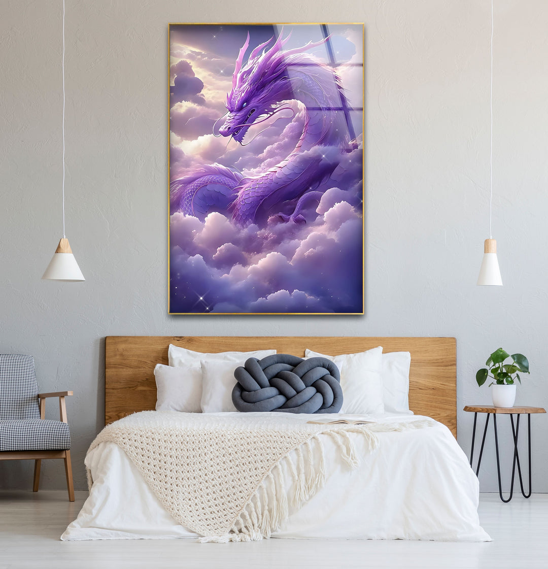 Purple Dragon: A beautiful dragon in a peaceful cloud-filled sky, perfect for adding magical vibes.
