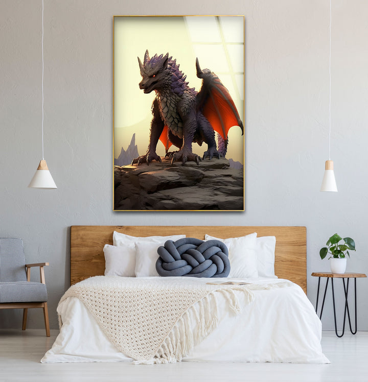 A fierce purple dragon with glowing wings, captured in stunning detail on high-quality glass wall art.
