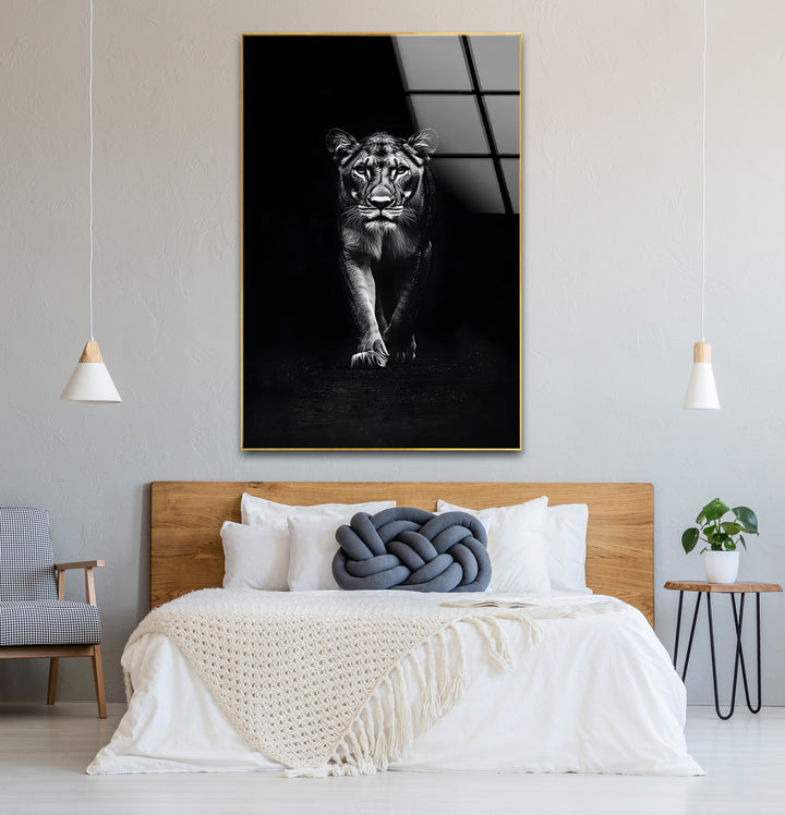 Lion in Motion: Powerful Black and White Glass Wall Art
