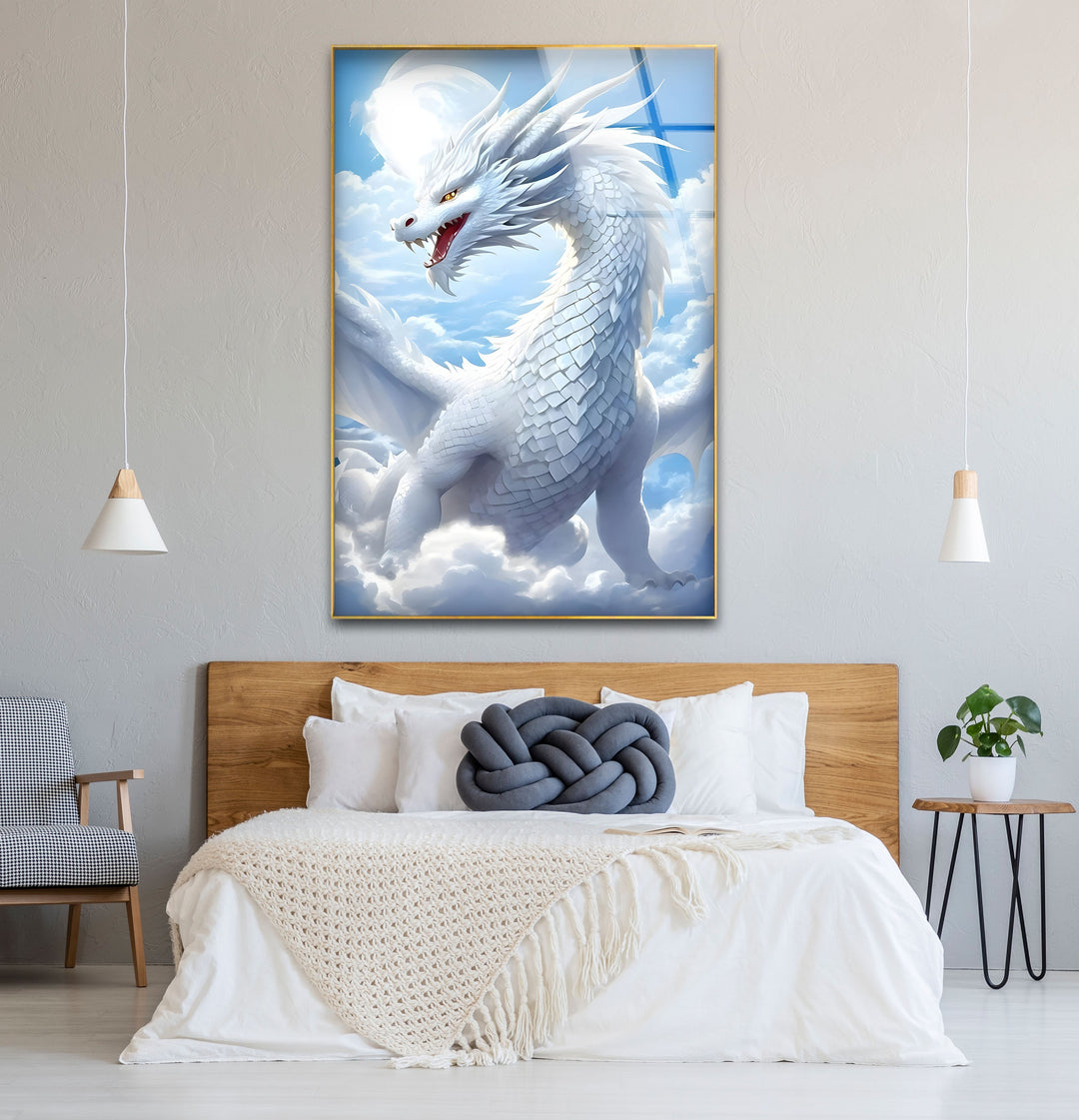 White Dragon: A white dragon in the sky, creating a peaceful atmosphere.
