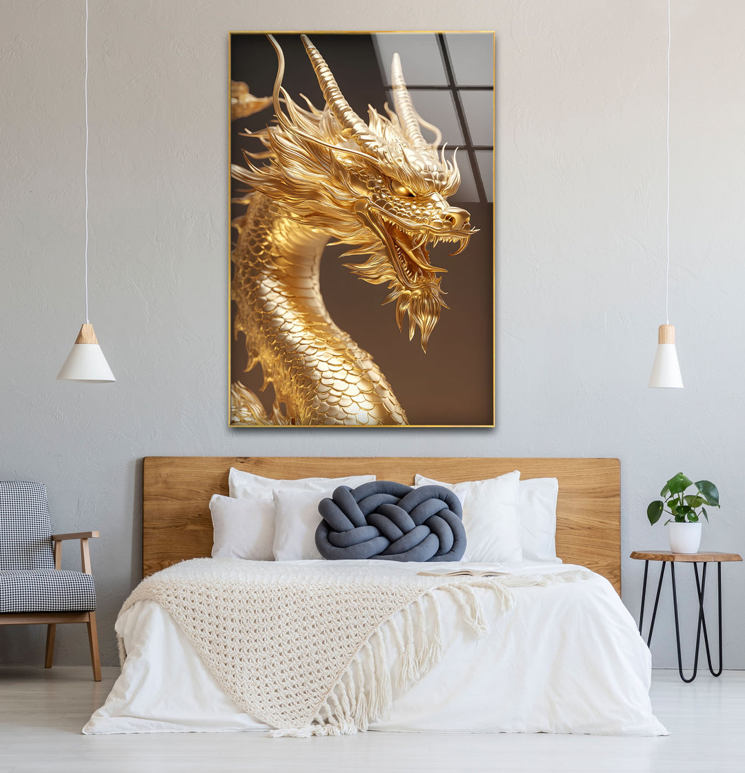 A striking golden dragon captured in fine detail, creating an awe-inspiring visual on sleek glass wall art.
