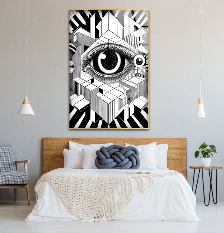 Artistic black and white abstract art portraying a surrealist eye with expressive lines and dynamic shading
