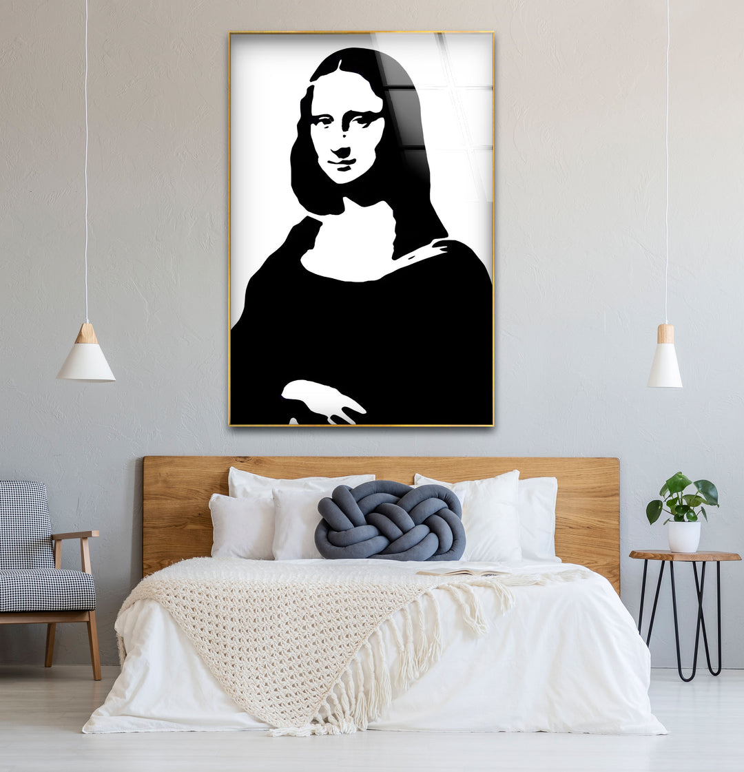 Modern black and white wall decor highlighting the enigmatic smile of the Mona Lisa in monochrome.