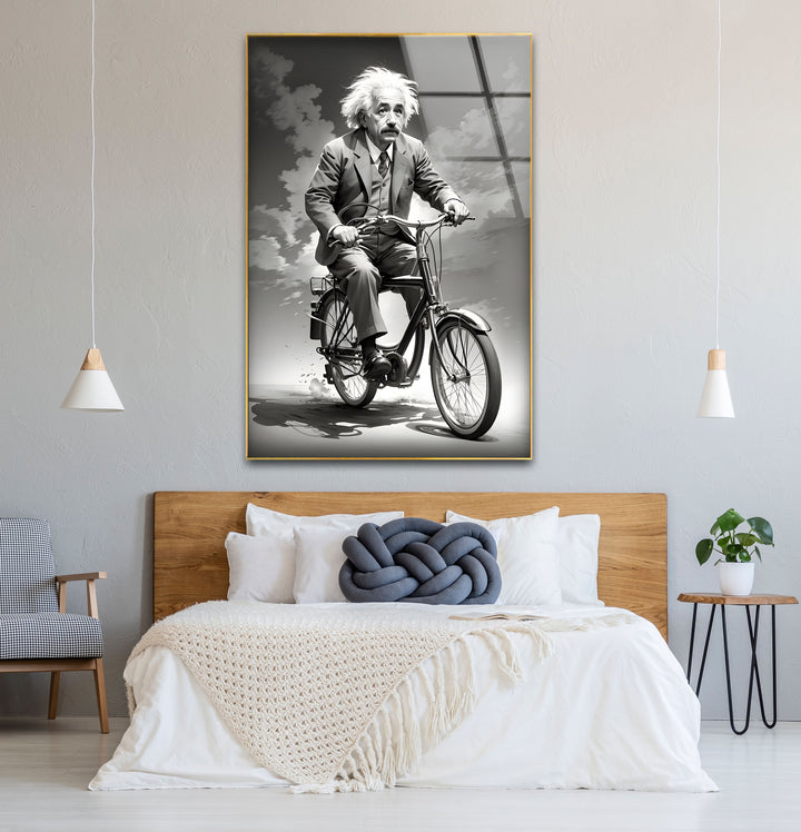 Unique black and white abstract drawings capturing the lighthearted side of Albert Einstein cycling.