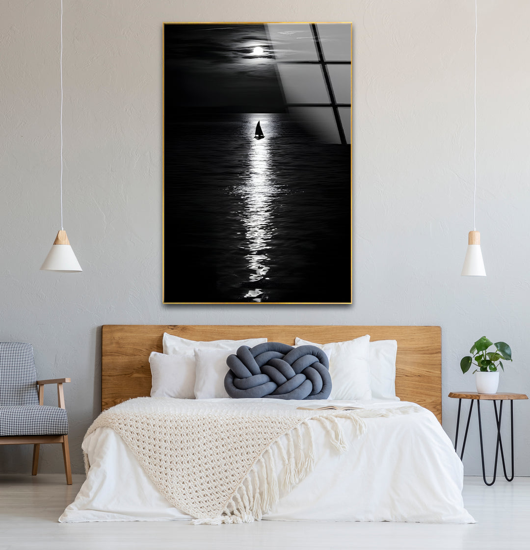 Timeless black and white paintings of a moonlit landscape, perfect for creating a calming atmosphere.