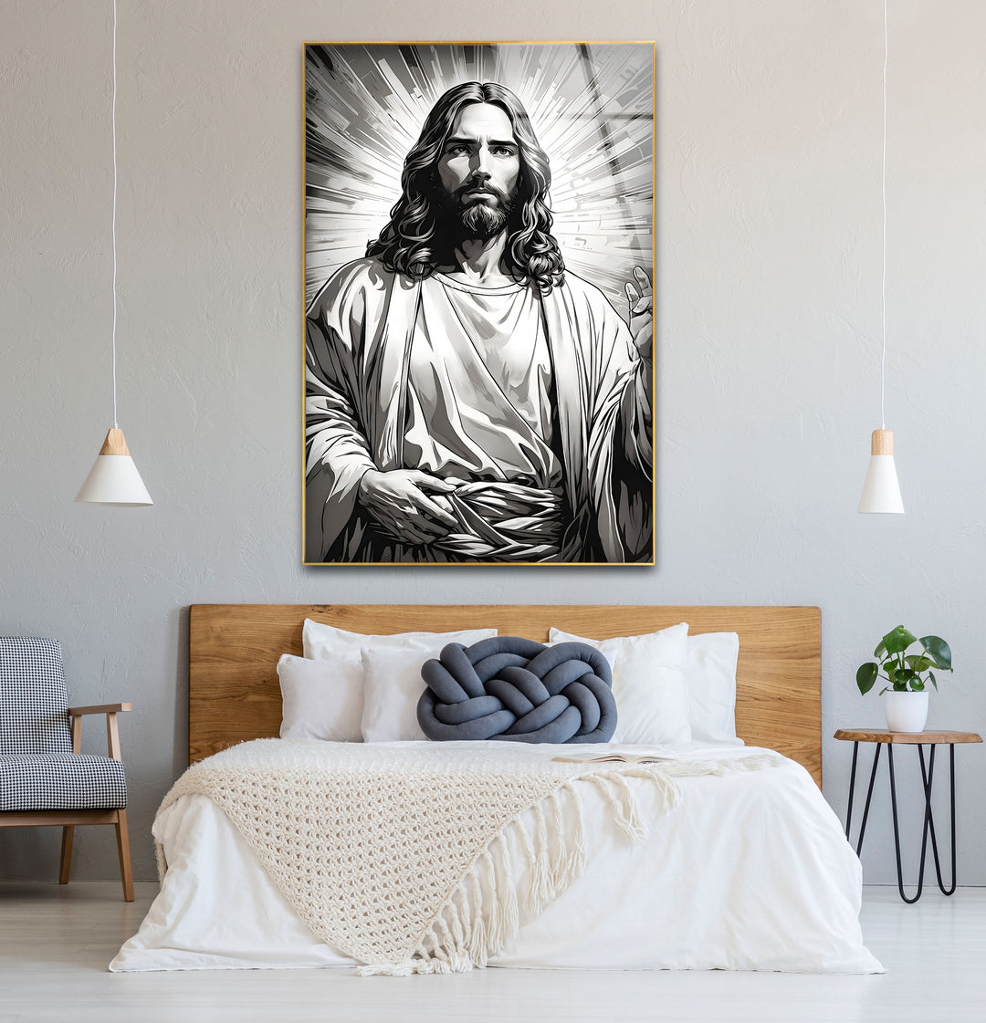 Chic black and white wall art of Jesus Christ, perfect for creating a serene and spiritual atmosphere.