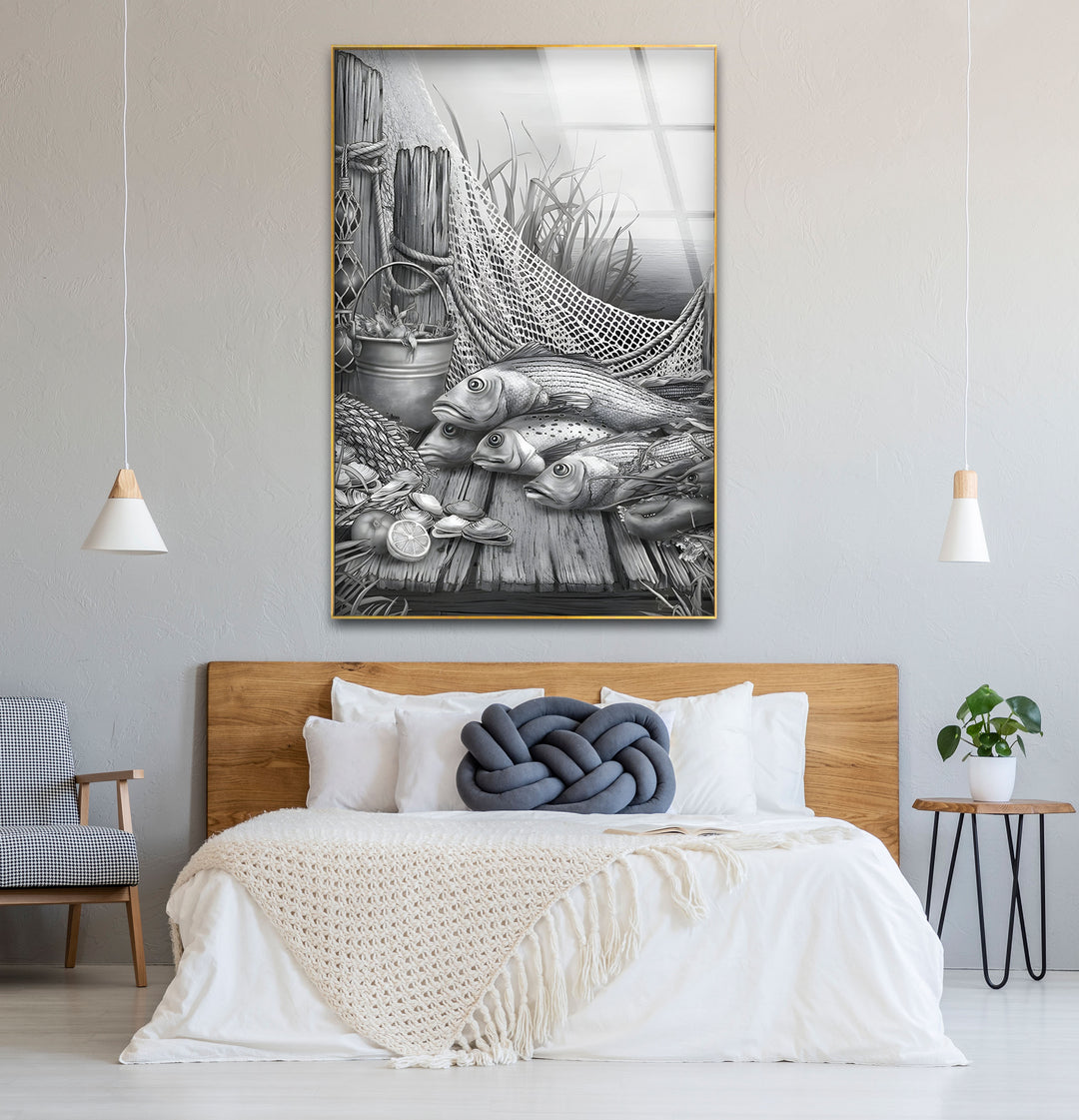 Chic black and white framed art with intricate fish details, ideal for ocean lovers.