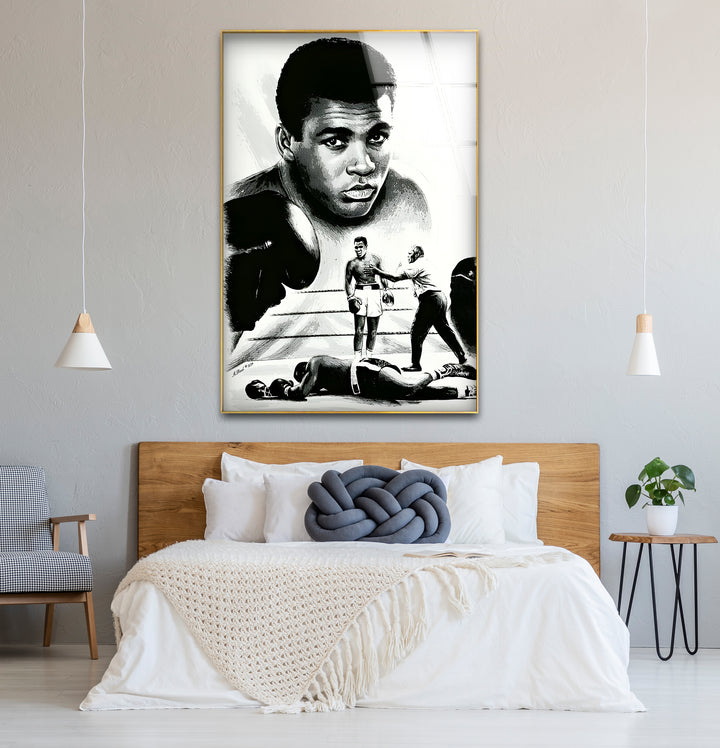 Chic black and white wall art of Muhammad Ali, ideal for creating a statement piece in modern interiors.