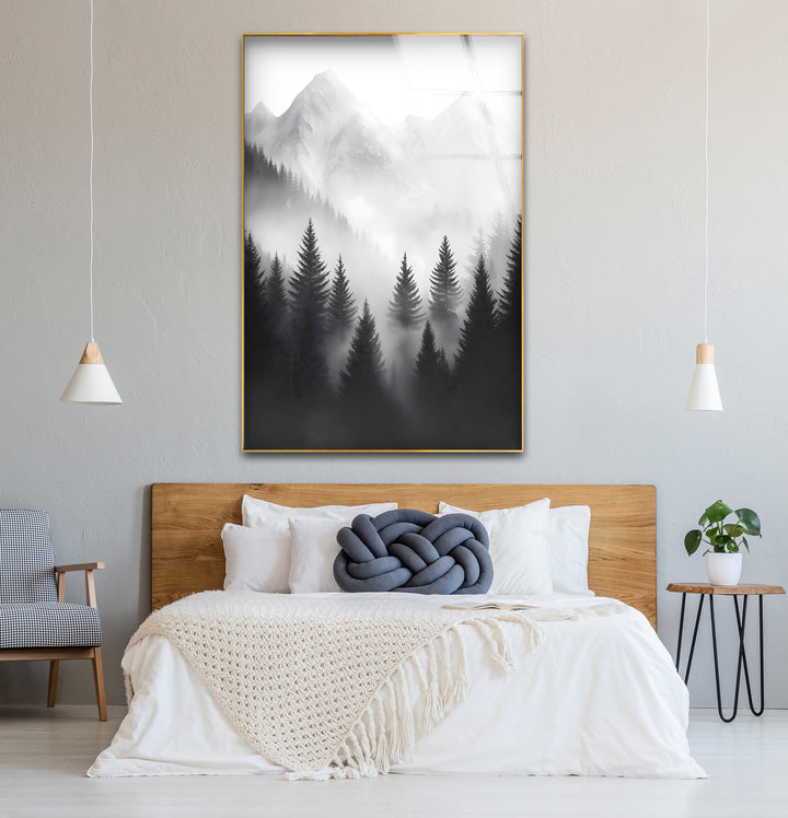 Timeless black and white paintings of misty mountains perfect for creating a calming atmosphere
