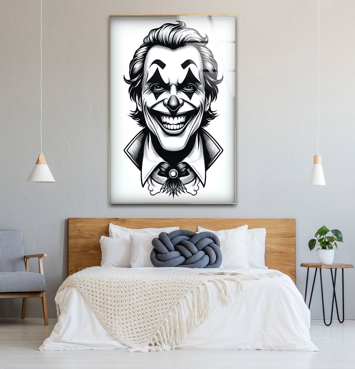 Chic black and white wall art of the Joker, ideal for creating a statement piece in modern interiors.