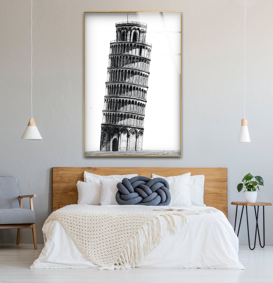 Modern black and white wall decor highlighting the architectural beauty of the Leaning Tower of Pisa.