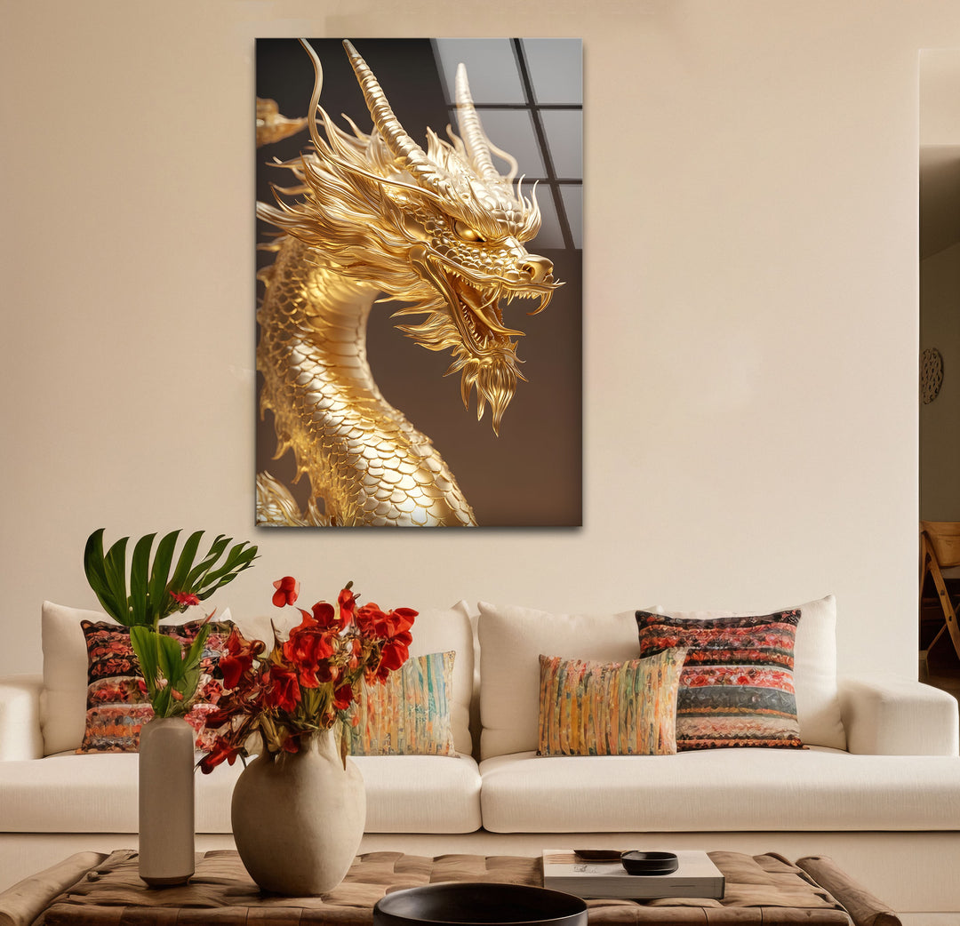 A fierce and elegant golden dragon, bringing a touch of fantasy and strength to your home with glass wall art.
