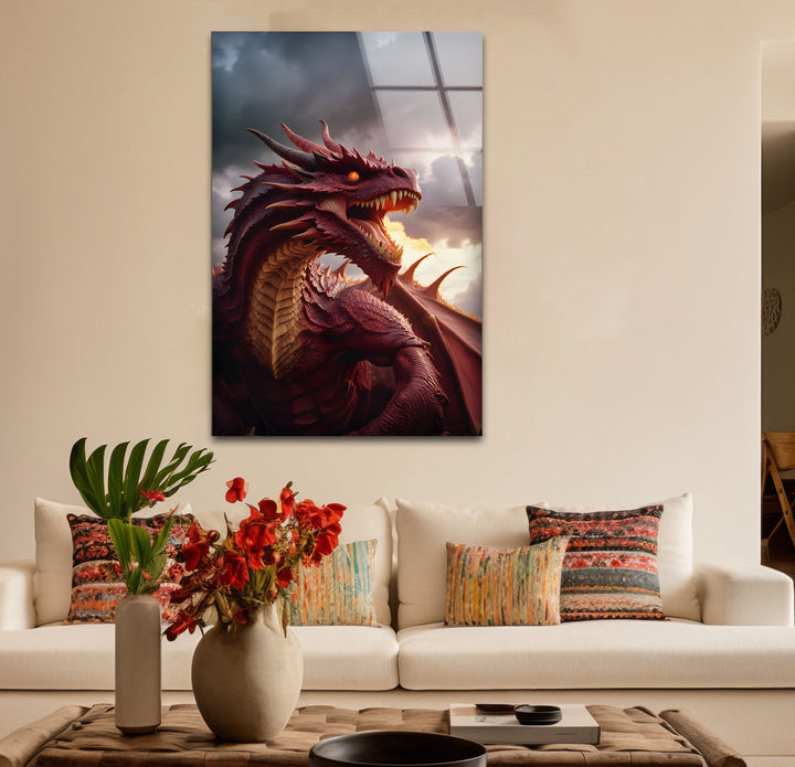 A captivating red dragon artwork, filled with energy and power, printed on sleek tempered glass.
