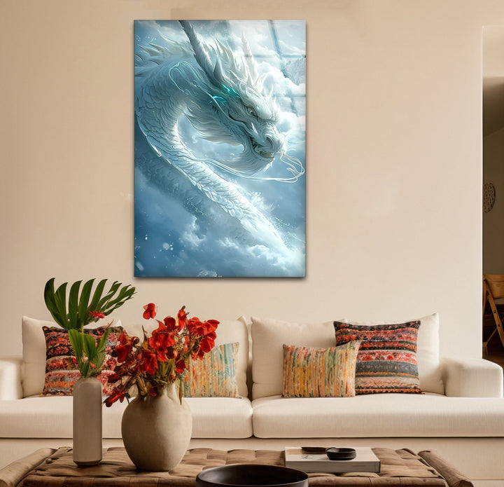 White Dragon: A peaceful and powerful dragon in flight, ideal for serene and dreamy spaces.
