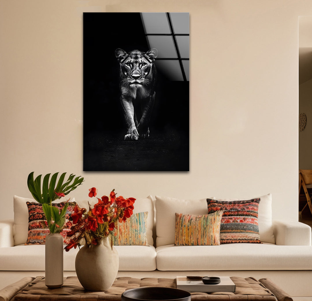 Majestic Lion: Bold Black and White Art on Glass Wall
