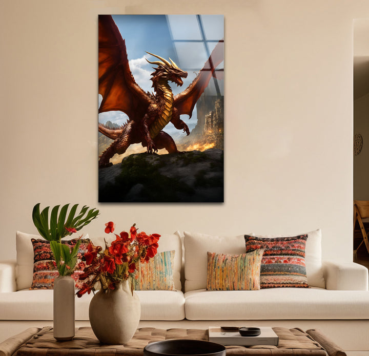 Red Dragon: A fierce and majestic dragon in a burning world, perfect for home decor with power.
