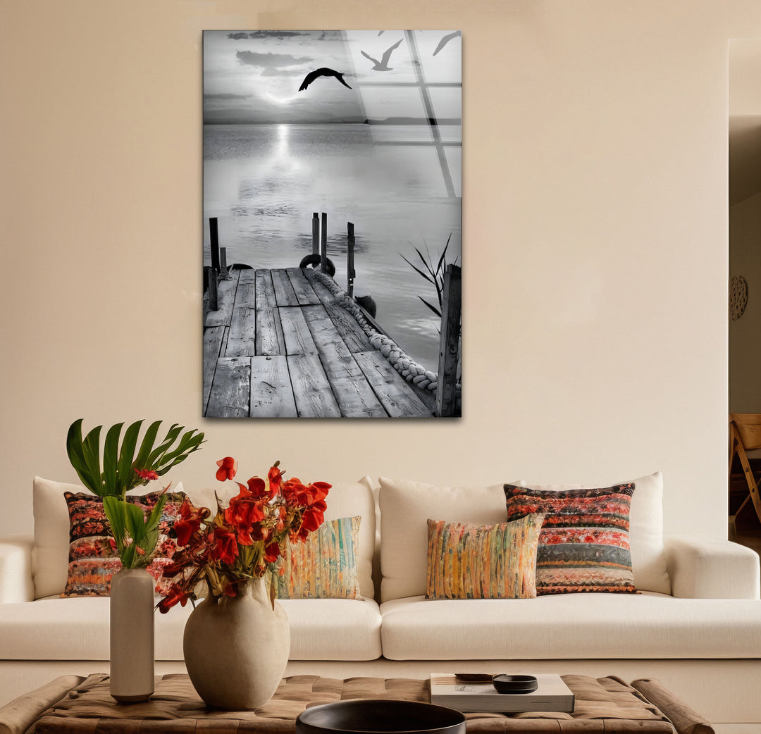 Chic black and white wall art depicting a scenic dock landscape with soft contrasts.