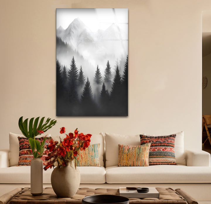 Artistic black and white abstract art portraying mist-covered peaks with expressive lines and textures
