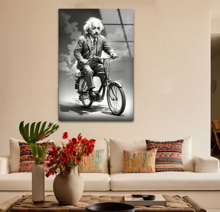 Artistic black and white paintings of Einstein on a bicycle, merging realism with modern artistic touches.