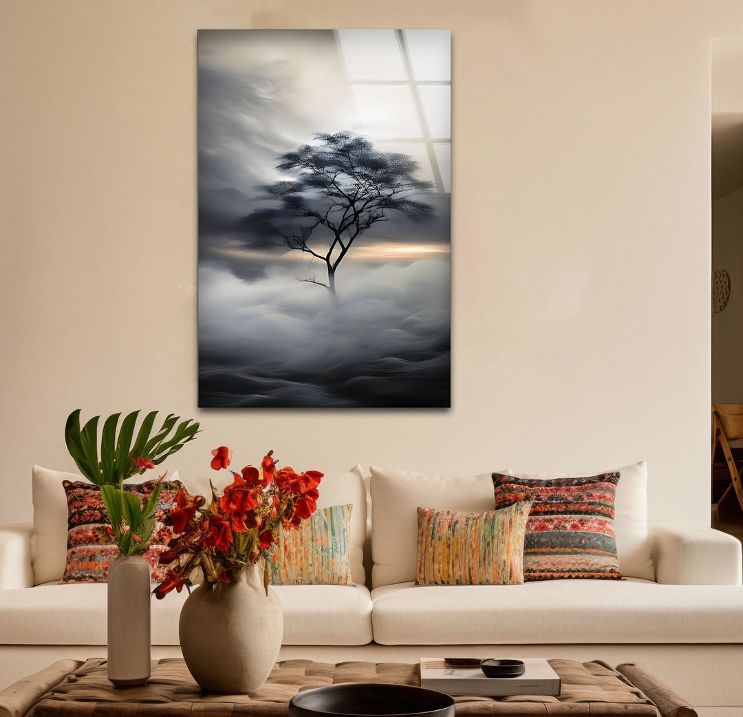 Timeless black and white paintings of a lonely tree in a misty landscape, perfect for creating a tranquil ambiance.