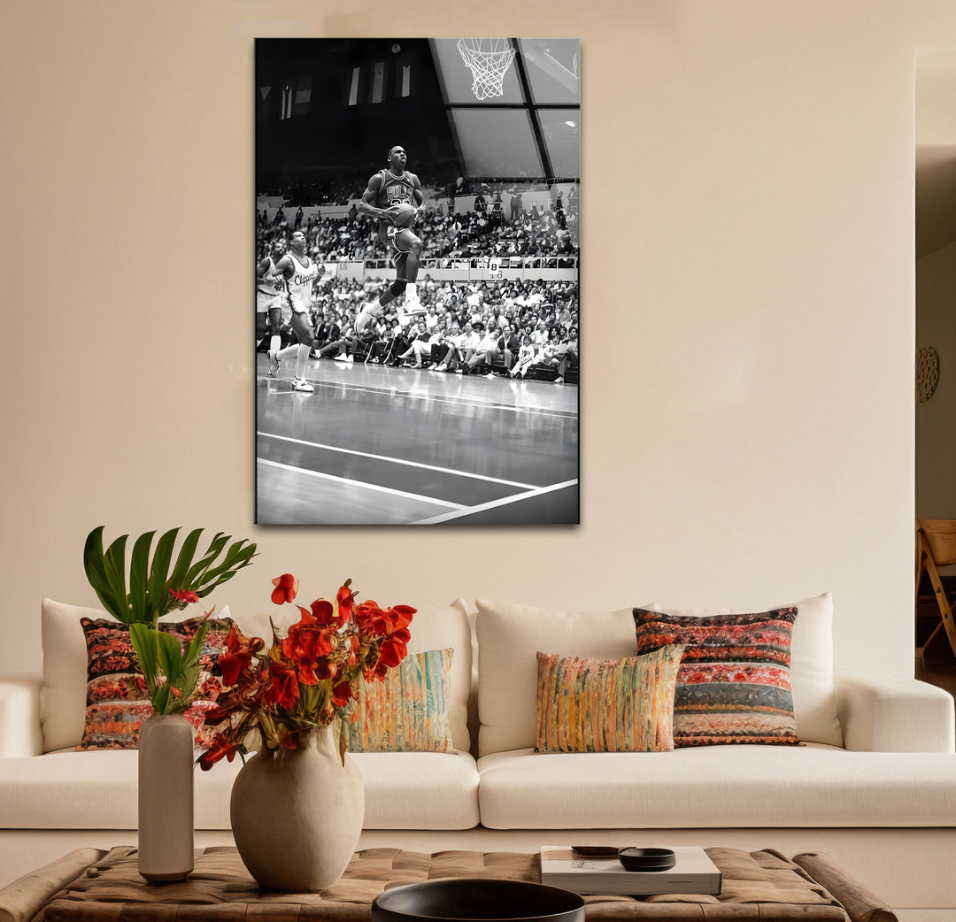 Chic black and white wall art of Michael Jordan, highlighting his legendary career and charisma.